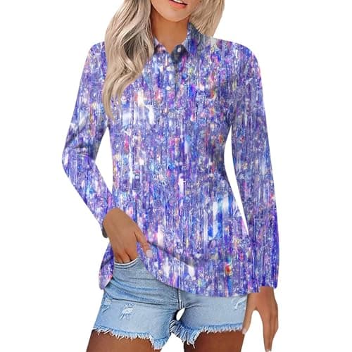 Image of Ladies Slim Fit Button Lapel Golf T-Shirt UK Women's Long Sleeve Sequin Printing Top Casual Cotton Collared Lightweight Work Tennis Polo Shirt Blue