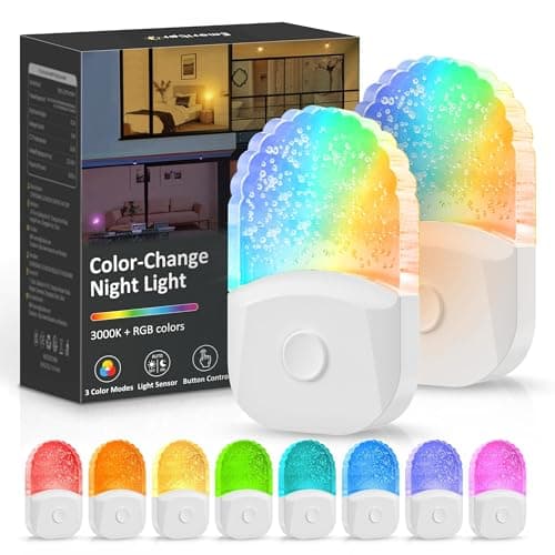 Image of Emeritpro Night Light Plug in Wall with Dusk to Dawn Sensor, 0.5W Warm White+RGB Colorful Night Light, 3 Lighting Modes, Acrylic Plug in Wall Light for Hallway, Baby, Bedroom, Garage, 2 Pack