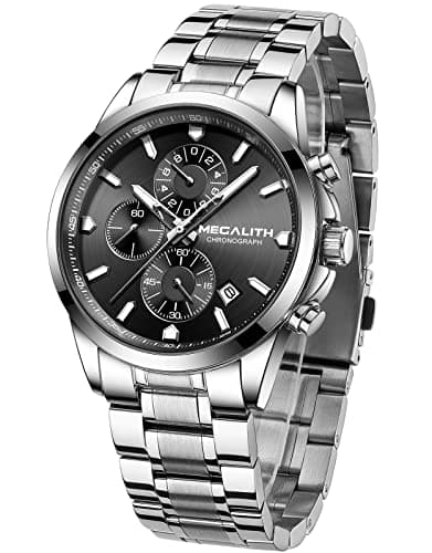 Image of MEGALITH Watches Mens Stainless Steel: Waterproof Analogue Chronograph Silver Watch with Luminous Date - Gifts for Dress Business Men