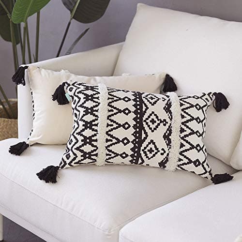 Image of MOCOFO Cream White Grey Woven Tufted Tassel Cushion Cover Fringe Pillow Sofa Couch Throw Bohemian Embroidered Cover ONLY (Black White City 12x20'')