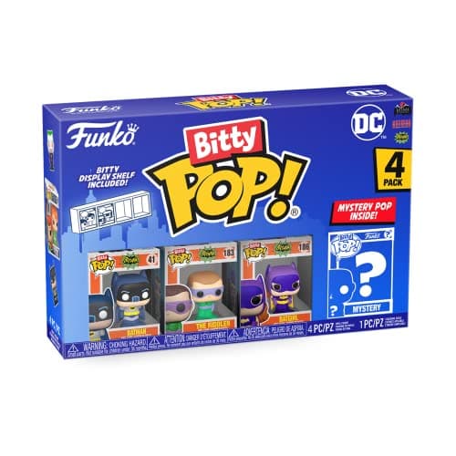 Image of Funko Bitty POP! DC - Batman, Batgirl, the Riddler and A Surprise Mystery Mini Figure - 0.9 Inch (2.2 Cm) - DC Comics Collectable - Stackable Display Shelf Included - Gift Idea - Cake Topper