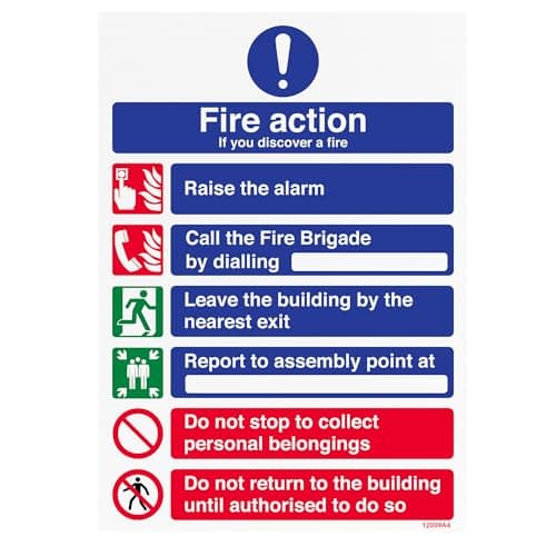 Image of V Safety Fire Action Sign – 6-Point Fire Procedure (If You Discover a Fire) – A4 Rigid Plastic 1mm – ISO 7010 Compliant Fire Safety Notice