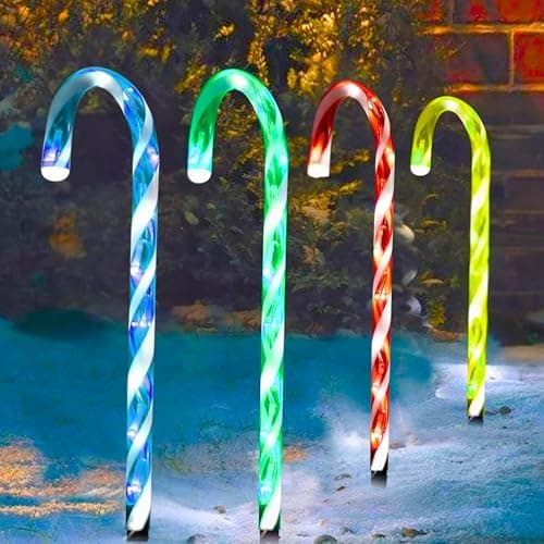 Image of ALAYSTAR Christmas Candy Cane Pathway LED Lights with Timer Battery Powered Outdoor Xmas Holiday Garden Decor Weather-Resistant Xmas Driveway Stakes Festive Outdoor Decoration (4 PK MULTICOLOR)