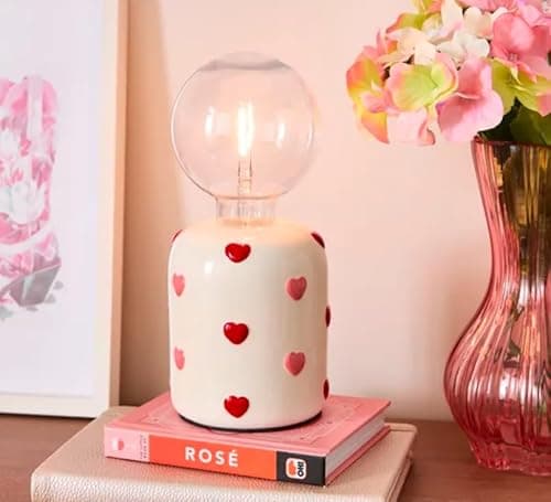 Image of Bloomingtons Direct Mini Hearts Base Table Lamp Battery Operated Hand Painted Pop Up Hearts LED Bulbs Cordless Girls Bedroom Desk Lamp, Study Table Lamp