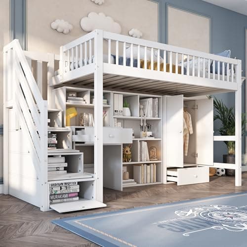 Image of Merax Kids 3FT Bunk Bed Frame Children's High Sleeper Loft Bed with Desk, 4-step Storage Stairs, Wardrobe, Bookcase, Sturdy Safety Guardrail, for Children Girls and Boys, White (90x190cm)