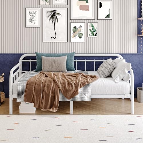 Image of HAHRIR Metal Daybed Frame 90 x 190cm, Single Bed Size with Steel Slats Platform Furniture,Fits 3ft Mattress for Bedroom Living Room Guest Room, 27cm Storage Space,White