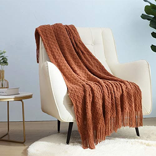 Image of CREVENT Farmhouse Knit Throw Blanket for Couch Sofa Chair Bed Home Decoration, Soft Warm Cozy Light Weight for Spring Summer (127cmX152cm Caramel)