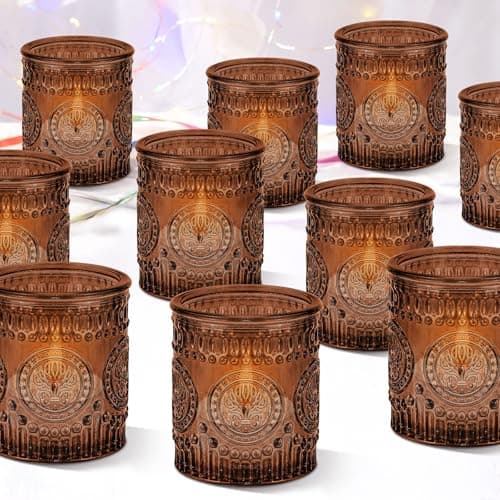 Image of 36 Pack Votive Candle Holders Bulk, Vintage Glass Tealight Holder Decorative Candle Holders with Butterfly Pattern for Wedding Table Centrepieces Party Home Decor Gifts(Amber)