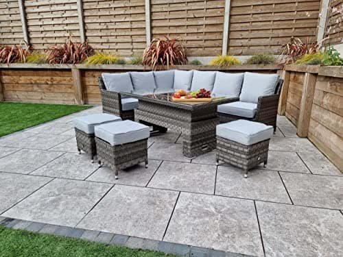 Image of Signature Weave Edwina Corner Dining Set In Multi Grey Wicker, Grey Cushions And Lift Table With Ice Bucket