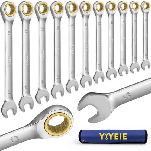 Image of YIYEIE 11pc Ratchet Spanner Set, 72-Tooth Gold Ratcheting Combination Wrenches, Box & Open End, Cr-V Steel, for Bike, Car, Home DIY, Metric – 6/8/10/12/13/14/15/16/17/18/19 mm