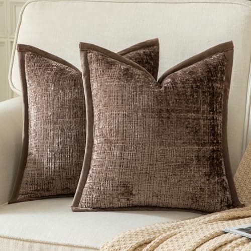 Image of YAERTUN Pack of 2 Chenille Textured Decorative Cushion Covers Accent Solid Throw Pillow Covers Soft Cozy Pillow Case with Velvet Back for Couch Sofa Bed Living Room 20x20 Inch 50x50cm Brown