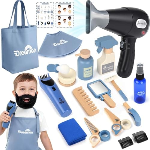 Image of Dreamon Wooden Barber Shop For Kids Role Play Toys Kids Hairdressing Set Kid Barber Playset Montessori Educational Gift for 3 4 5 6 Year Olds Boys Girls