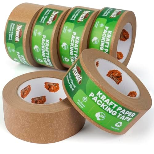Image of TAPEBEAR Kraft Paper Packing Tape 50mm x 50m, Eco Friendly & Recyclable Brown Paper Tape Heavy Duty Parcel Tape Biodegradable for Parcel Packaging, Moving and Multi-use, 6Rolls