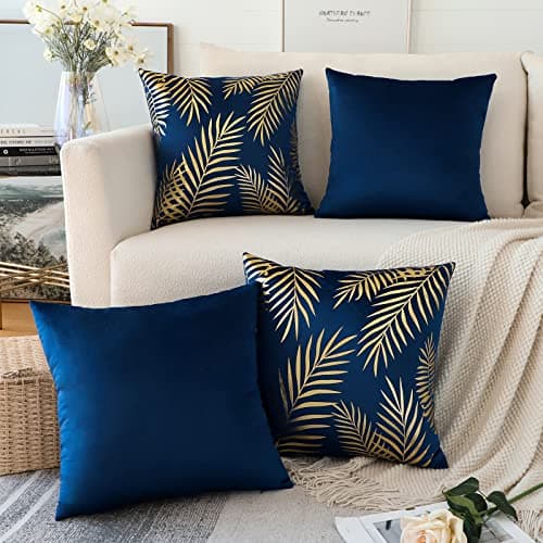 Image of JOTOM Velvet Soft Cushion Covers Pack of 4 Gold Leaves Modern Decorative Pillow Covers Bronzing Pillow Cases Square Throw Pillow Covers for Bedroom Sofa Car Home Couch Decor 45 x 45 cm (Navy)
