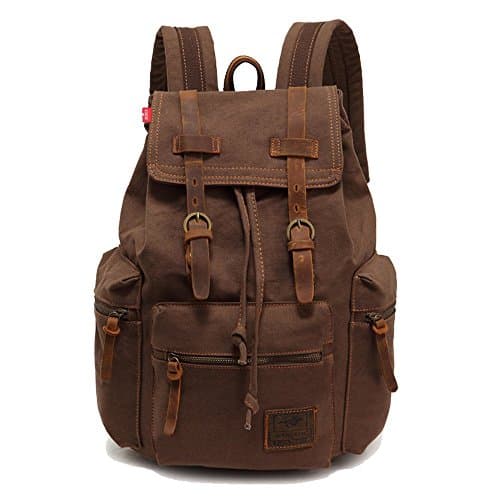 Image of Vintage Unisex Casual Leather Backpack Canvas Rucksack Bookbag Satchel Hiking Backpack Travel Outdoor Shouder Bag
