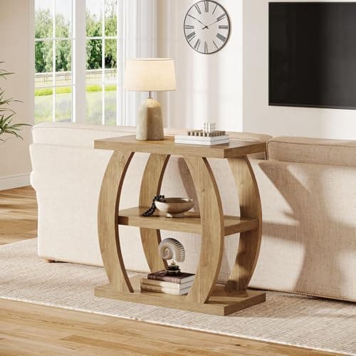 Image of Tribesigns End Table for Living Room, 3-Tier Narrow Side Table with Storage, Farmhouse Wooden Beside Table with Geometric Frame, Tall Nightstand for Bedroom, Small Spaces, Natural Oak