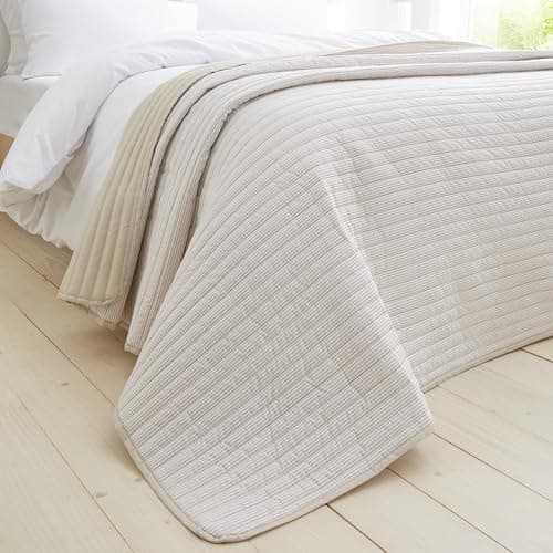 Image of Catherine Lansfield Stripe Quilted Reversible 220x230 cm Bedspread Natural