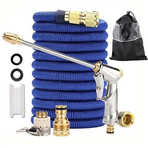 Image of 50 ft Expandable Garden Hose, 5-in-1 Water Hose with High Pressure Metal Water Gun, 4 Layers Latex and 3/4 Inch Solid Brass Fitting, Heavy Duty Hose Pipe for Gardening, Car Wash