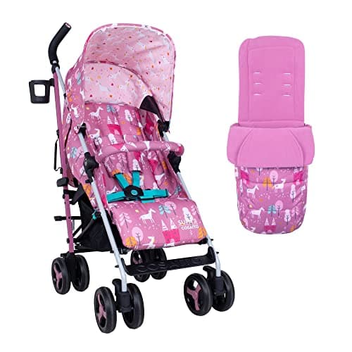 Image of Cosatto Supa 3 Pushchair with Footmuff – Lightweight Stroller from Birth to 25Kg - Easy, Compact, Umbrella Fold, Large Shopping Basket, Carry Handle Footmuff (Dusky Unicorn Land)