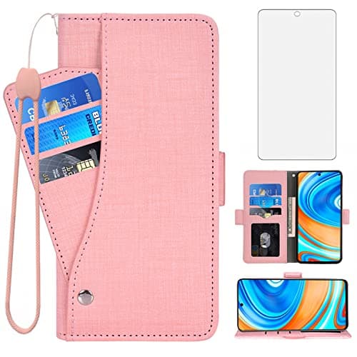 Image of Asuwish Compatible with Xiaomi Redmi Note 9 Pro/Note 9s/Note9 Pro Max/Poco M2 Pro Wallet Case Tempered Glass Screen Protector Flip Cover Card Holder Cell Phone Cases for Redme Note9S Note9Pro 4G Pink