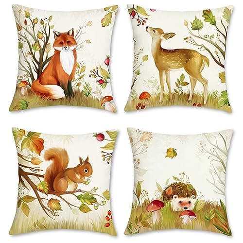 Image of Bonhause Forest Animals Cushion Covers 45 x 45 cm Deer Fox Decorative Throw Pillow Covers for Sofa Bed Home Kids Room Set of 4