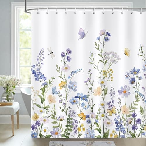 Image of Bonhause Floral Shower Curtain, Blue Purple Flower Spring Bathroom Curtain 180 x 180 cm Waterproof Mildew and Mould Resistant Polyester Fabric Bath Curtain with 12 Hooks