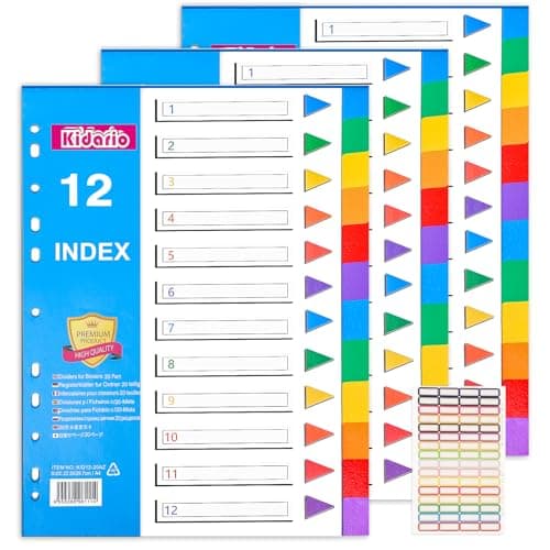 Image of File Dividers A4, 3 Pack 12 Part Folder Dividers Coloured Plastic A4 Dividers with Sticky Notes for Lever Arch Files Ring Binders Office School Index Dividers