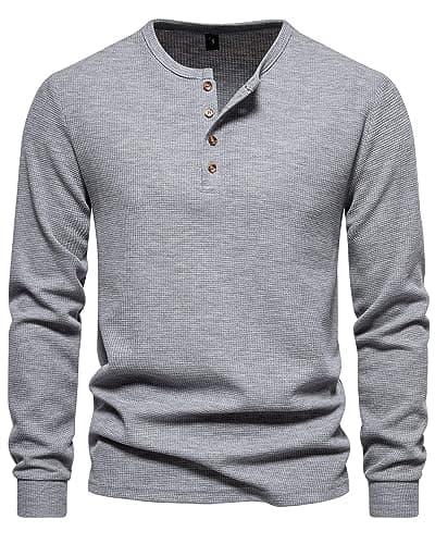 Image of MakingDa Henley T Shirt Mens Long Sleeve Slim Fit Waffle Grandad Collar 4 Button Jumper Tops Smart Casual Collarless Shirts-Grey-M