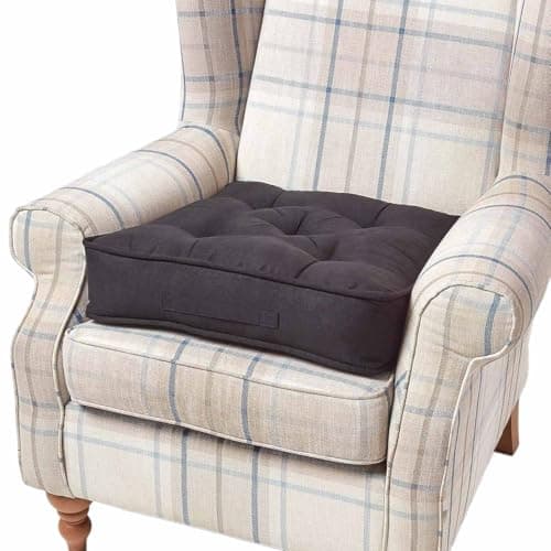 Image of HOMESCAPES Black Armchair Booster Cushion Large Firm 50 cm Square Seat Pad with Supportive 10 cm Thick Lift Luxury Soft Touch Faux Suede Cushion For The Elderly, Post-Operative and Pregnancy