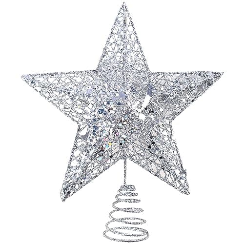 Image of KEYIDO Silver Glitter Tree Star, Christmas Tree Topper, Large Metal Tree Top Star for Xmas Tree Topper Ornaments Christmas Home Decorations 10 Inch