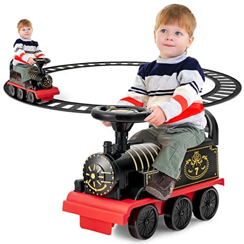 Image of COSTWAY Kids Electric Ride on Train with Tracks, Storage Seat, Flashing Lights & Music, 6V Battery Powered Ride on Toy Car for Children Toddler Gifts (Black)