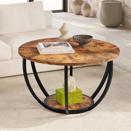 Image of HOMERECOMMEND 28" Round Coffee Table with Storage,2-Tier Wood Accent Center Table for Living Room,Sofa Table for Home Office, Brown