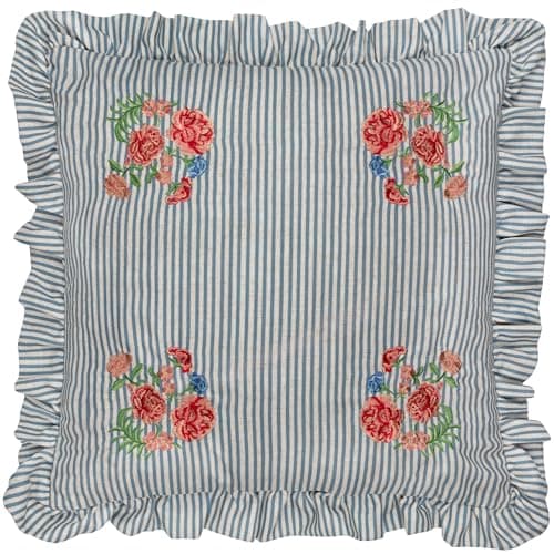Image of furn. Wylder Martha Ruffle Cushion Cover – Country Cottage Floral Embroidered Striped Decorative Case (Blue – 50x50cm)