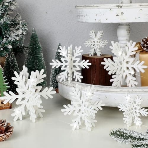 Image of Bucherry 12 Pcs Christmas Glitter Snowflake Decorations 3D Wooden Snowflake Tabletop Decor Winter Snowflake Signs and Centerpiece for Xmas Winter Wonderland Decorations(White)