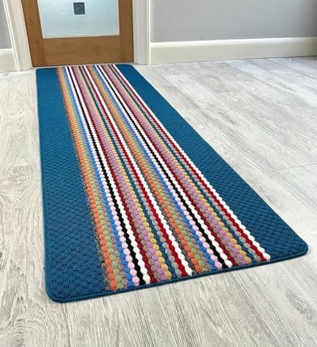 Image of RUGS SUPERSTORE Multi-Stripe Non-Slip Runner Rug, Navy Blue with Colourful Stripes, Washable, Rubber Back, Indoor Utility Mat (67x300cm)