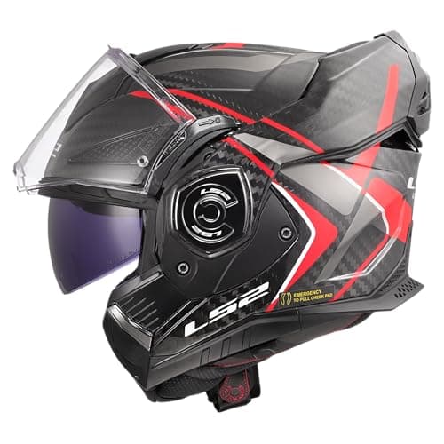 Image of LS2 FF901 Advant X Carbon Black Modular 180° Flip Front Dual Visor Full Face Motorbike Helmet Sport. ECE 22.06 Certified. Pinlock and Backpack Carry Bag - FUTURE II - RED BLACK - L