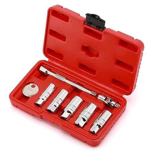 Image of CASOMAN 3/8" Dr. Spark Plug Socket Set, 6-Point, Include 6-Inch Extension Bar, Universal Joint & Spark Plug Gapper, 8Piece Set, CR-V Steel
