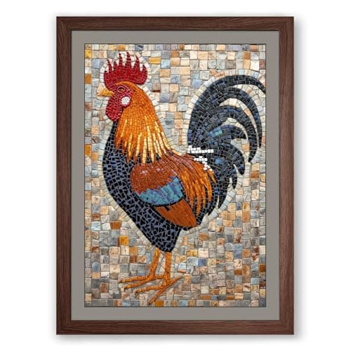 Image of Mosaic Rooster Eclectic Framed Wall Art Print A4 (29.7×21cm) Walnut, Wall Decor for Living Room, Bedroom, Office & Home, Ready to Hang, Art Gift