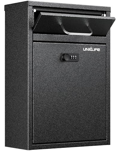 Image of Uniclife Wall Mount Mailbox for Outside, Anti-Theft Heavy Duty Locking Mailbox, Large Mailbox with Combination Lock, Security Mail Box, Safe Key Drop Box, Post Box, Steel Cash Drop Box for Home, Black