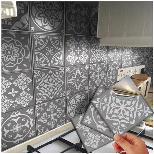 Image of 120 Grey Tile Stickers Victorian Mosaic Tile Stickers Transfers Cover 4x4 10x10cm for Kitchen Bathroom Stick On Wall Peel N Stick Tile Decals (120 Individual Stickers)