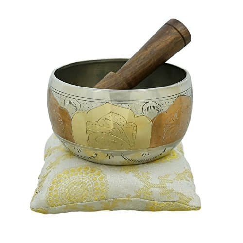Image of Ajuny Singing Bowl Tibetan Handmade Brass Sound Bowl Set Carved Art Design with Mallet & Cushion Easy to Play Meditation Yoga Mindfulness Chakra Healing Stress Relief Relaxation Gift Multicolour 4 In