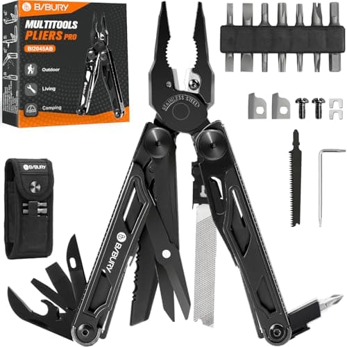 Image of BIBURY Multitools, Multi Tool Foldable Pliers with Upgraded Scissors and Screwdriver Set, Stainless Steel Pocket Tool- Pro, Ideal for Camping, Outdoor, Repairing - Gift for Dad Men - All Black