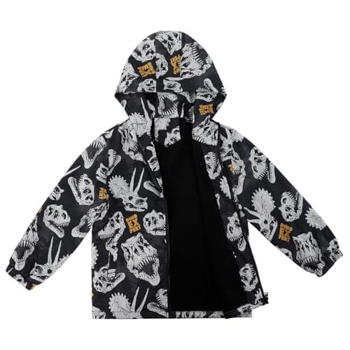 Image of LACOFIA Boy's Waterproof Jacket with Fleece Lined Kid's Windbreaker School Hooded Coat Children Outdoor Raincoat for Autumn/Winter Black Dinosaur 3-4 Years