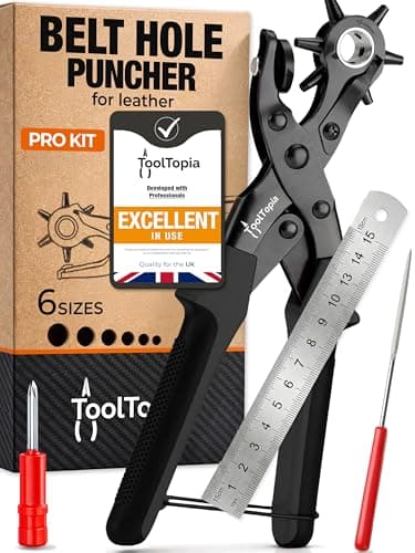 Image of ToolTopia Belt Hole Puncher for Leather – Heavy Duty Rotary Hole Puncher with 6 Sizes, Comfort Lever, Leather Belt Hole Punch for Belts, Watches, Shoes, Fabric and PVC - Black