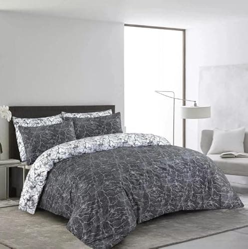 Image of Super King Duvet Cover Set - Super Soft Brushed Microfibre Hotel Quality Gift Bedding, Lightweight, Grey Quilt Covers Double King Superking Size Reversible Bed Sets (Black Marble, Super King)