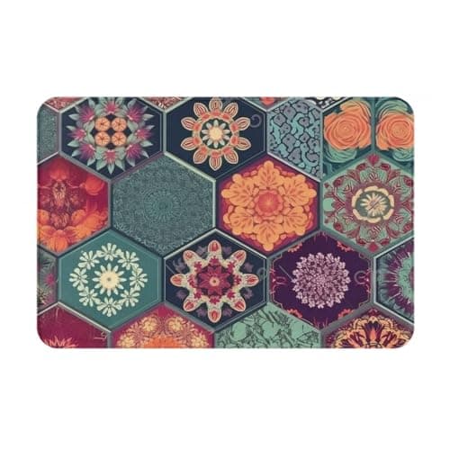Image of Beautiful Blooming Hexagon Print Doormat Flannel Floor Mat Absorbent Non-Slip Entrance Rug 16 X 24 in Washable Welcome Door Mat for Kitchen Bedroom Bathroom Yard