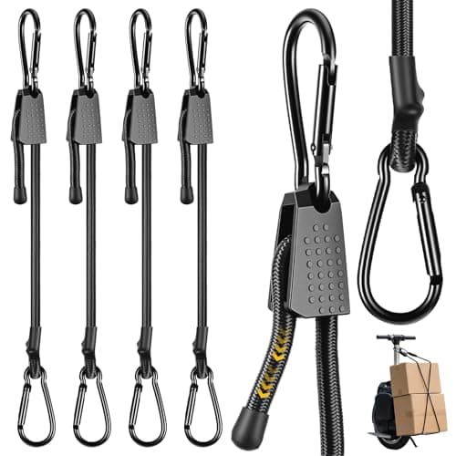 Image of Hejo 4 Pack Adjustable Bungee Cords with Carabiner Hook, 100cm Heavy Duty Bungee Straps, Hook Telescopic Cord, Black Latex Rubber Tensioner for Car, Boat, Bicycle, Camping & Outdoor
