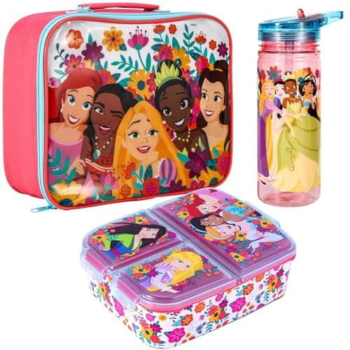Image of Zawadi Global Kids Childrens Lunch Box Set – Insulated Lunch Bag, Multicompartment Lunch Box & 540ml Water Bottle - School Travel Lunch Food Set, BPA Free (Disney Princess)