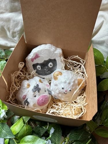 Image of Handmade and hand painted in UK - Three Sensitive skin farm animal bath bombs in giftbox