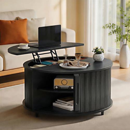 Image of Gryalzes Lift Top Coffee Table,80cm Fluted Wood Center Table,4-in-1 Modern Wood Circle Table with Hidden Storage and Open Shelves,Sliding Door,for Living Room/Reception,Black